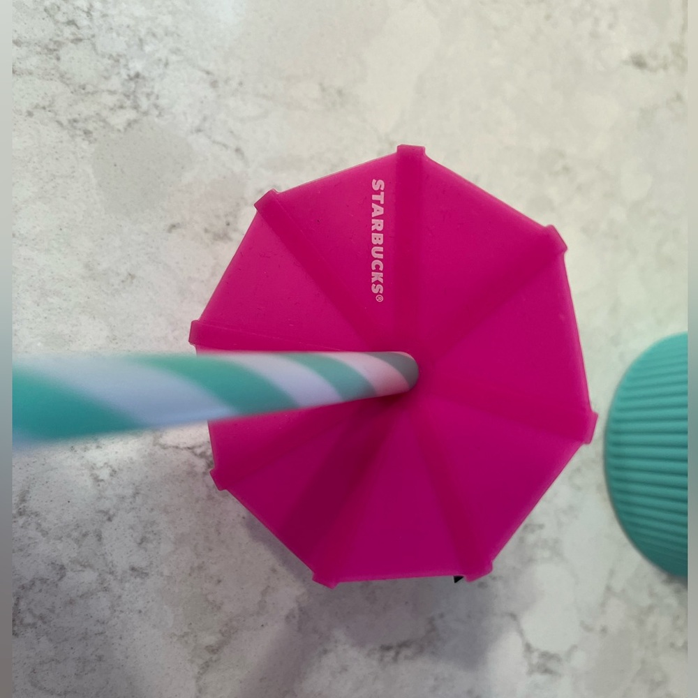 Starbucks 24 oz Pink Teal Ombré Tumbler w/ Pink Umbrella Straw Topper - Picture 5 of 7